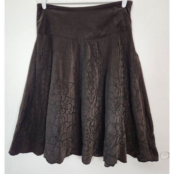 Ril's Fine Corduroy Fit and Flare Brown Skirt Black Embroidery Scalloped Hem, 8 - Picture 1 of 9